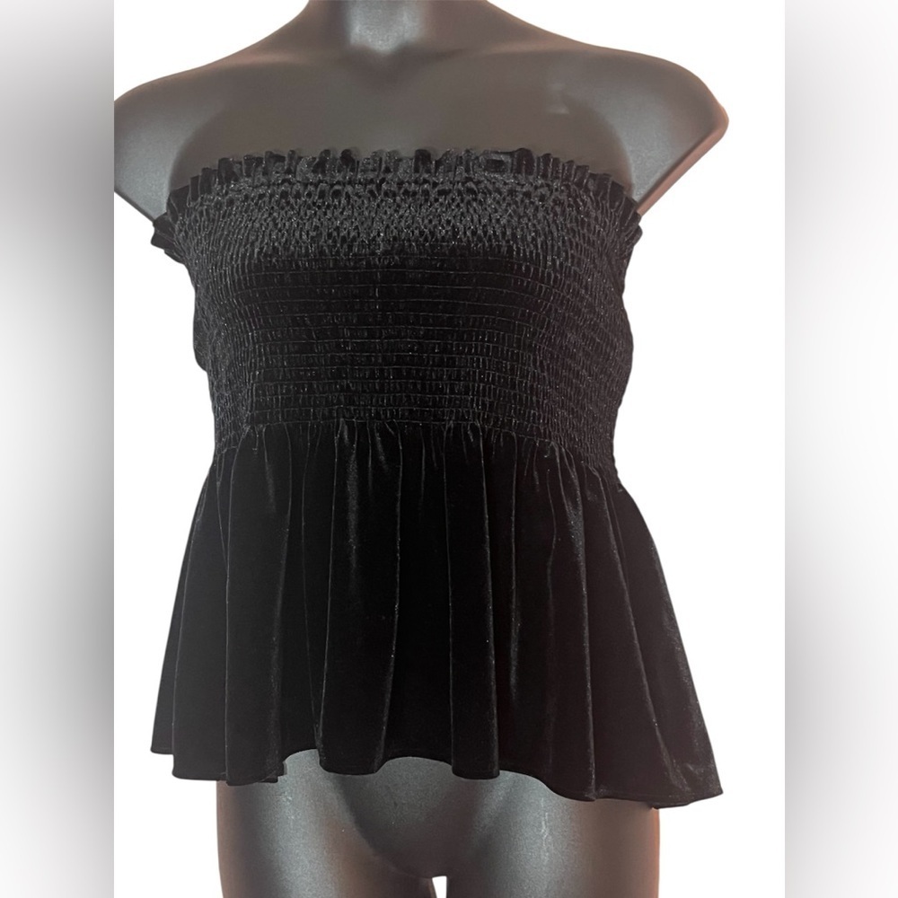ZARA Black Velvet Strapless Ruched Peplum whimsical Flirty Feminine Top Large
